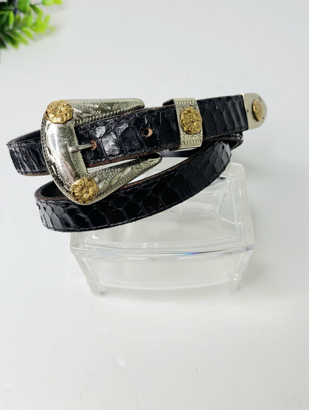 MZ Accessories NY Nickel Silver Buckle Snakeskin Vintage Western Belt